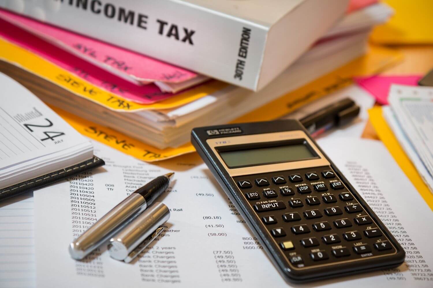 Accountants desk with calculator and budget sheets
