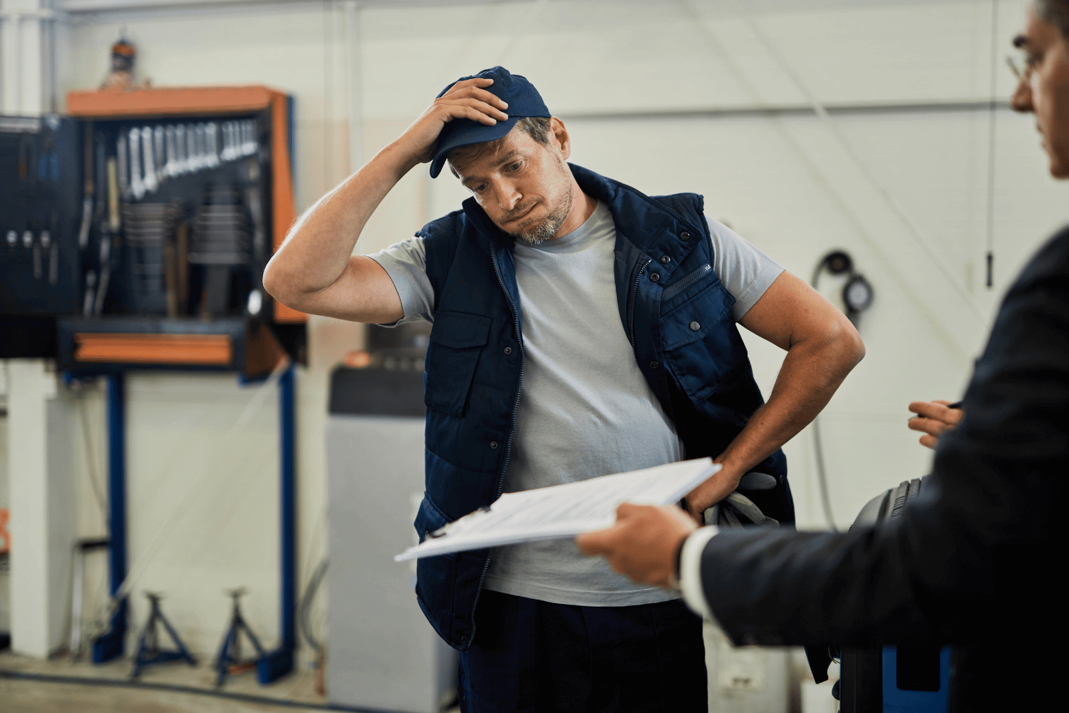 Distraught car mechanic going through problematic paperwork with his customer in an auto repair shop