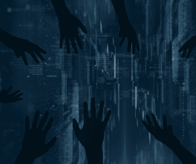 Scary shadow hands across computer coding