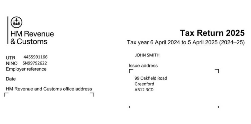 HMRC Self Assessment tax return letter for 2025 tax year sent to UK taxpayer with UTR and NINO